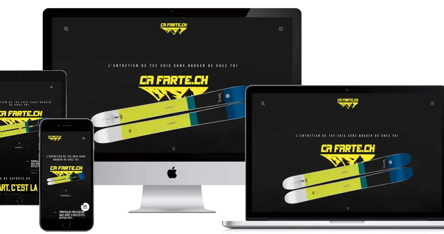 Site web responsive de Ca Farte affiché sur ordinateur, tablette et mobile