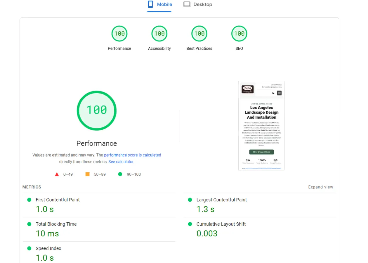 Exemple de rapport PageSpeed avec des indicateurs de performance web