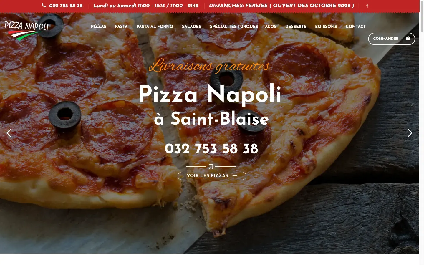 Page d'accueil actuelle de Pizza Napoli sur ordinateur