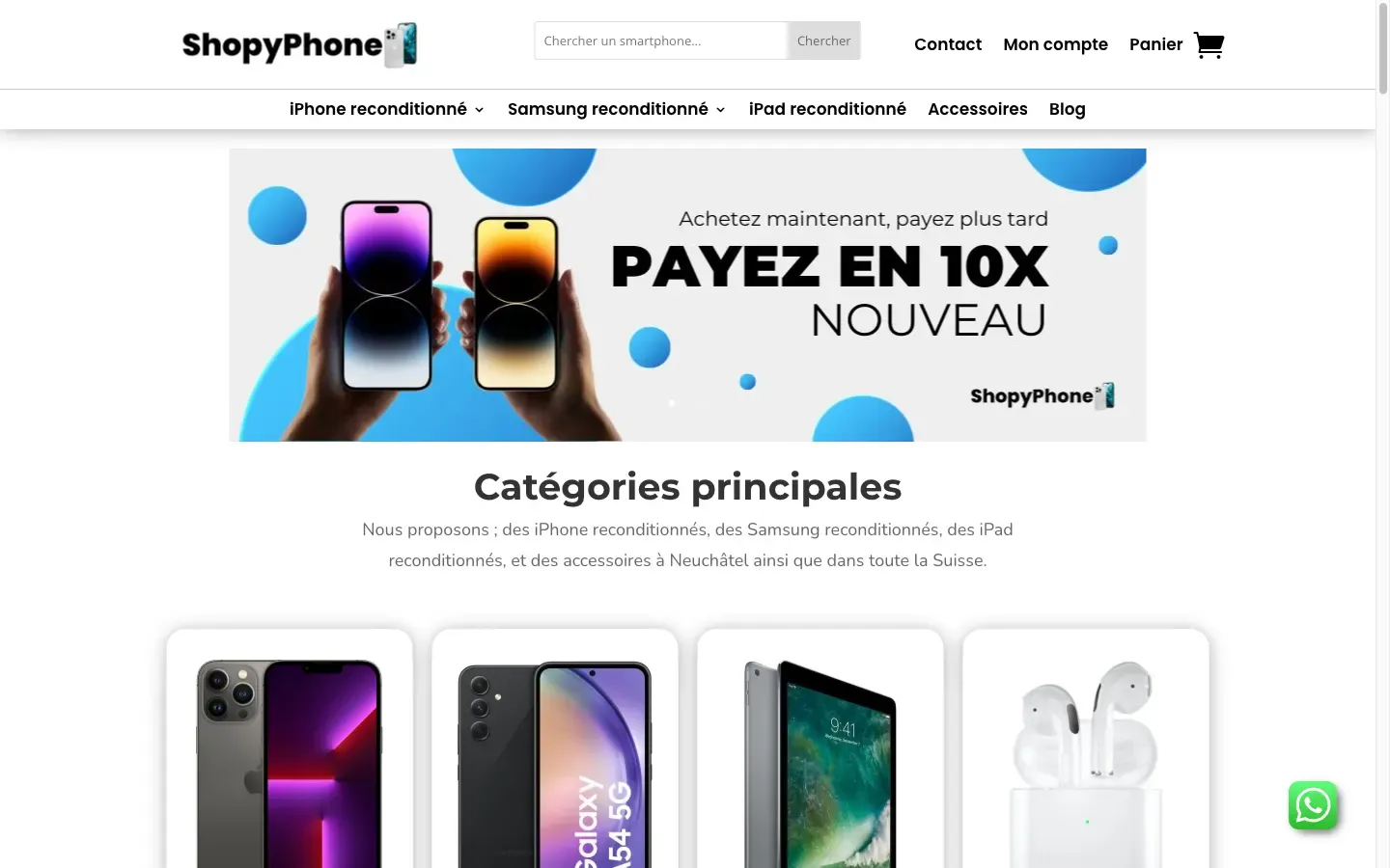 Page d'accueil actuelle de ShopyPhone sur ordinateur